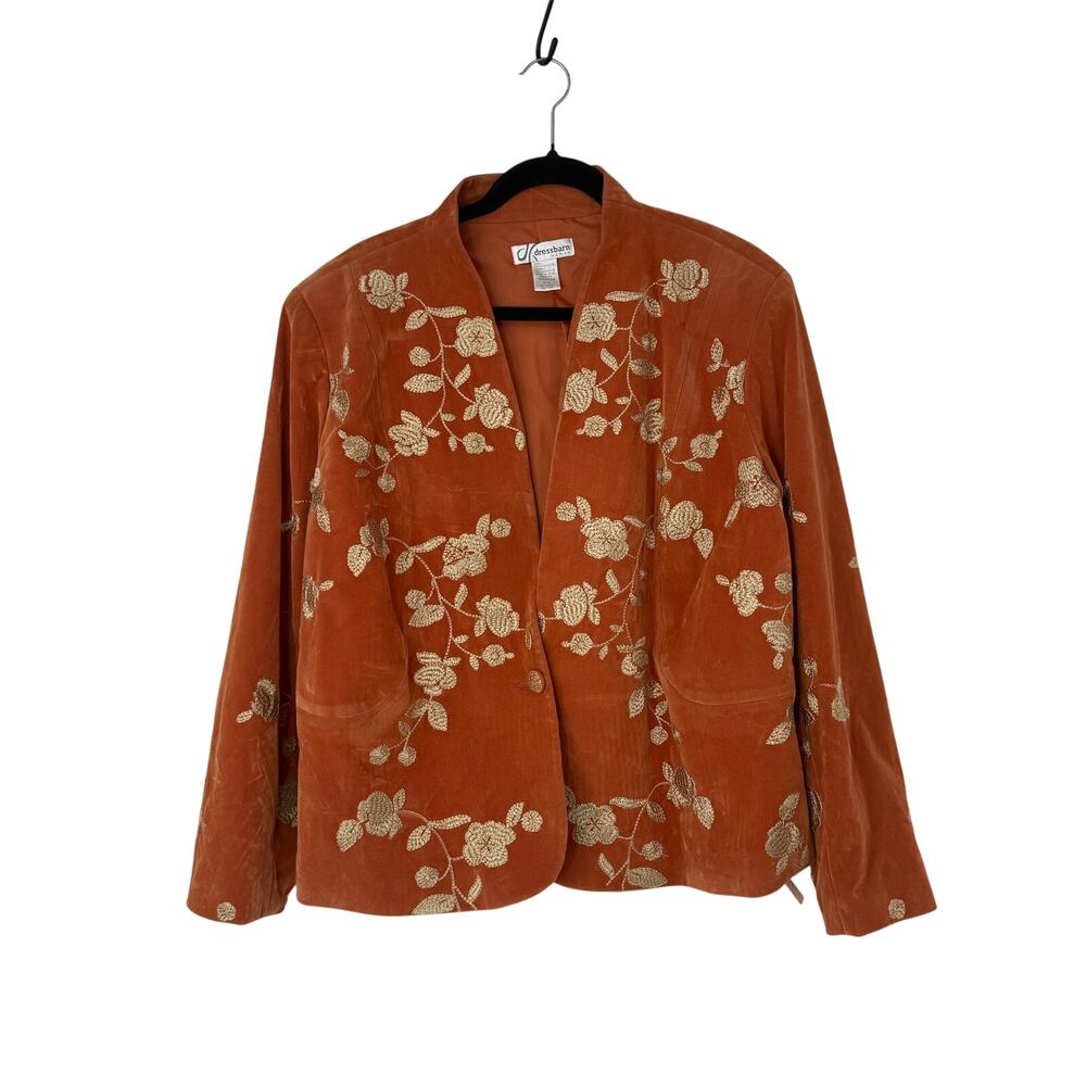 Dressbarn Woman 18/20 Rust Velvet Gold Floral Embroidered Blazer Jacket Boho